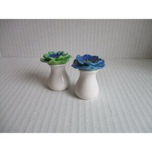 *RETRO Flower Blossom Blue Green Salt and Pepper Set Ceramic Glossy Glaze